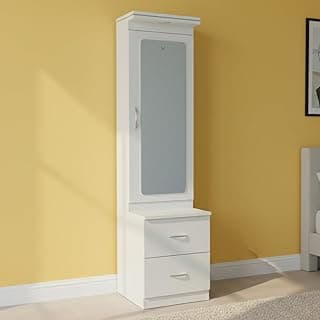 CASPIAN Engineered Wood Single Door Wooden Vanity Dressing Table (White) | Pre-Assembled Furniture with Mirror, LED Lights | Makeup & Accessories Storage Organizer with 4 Shelves & 2 Drawer