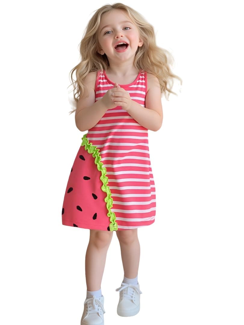 SKYCARRY Cotton Sleeveless Multicolor Dress for Girls 2 to 7 Years Cute Watermelon Print Knee Length Frock Soft Breathable Summer Casual Wear for Baby Girls Stylish Kids Dress for Girls