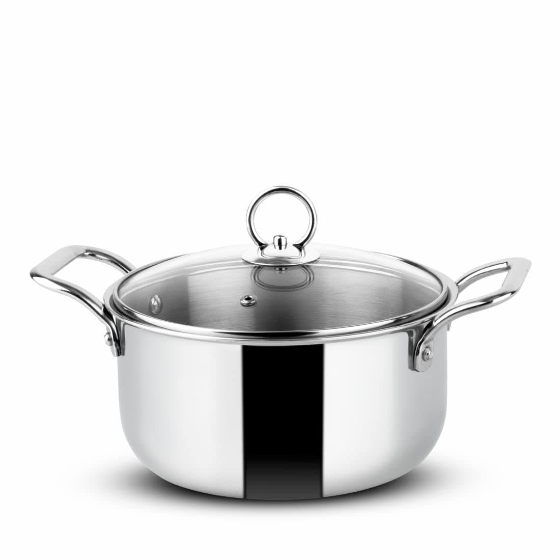 Orange Stainless Steel Triply Cook & Serve Casserole/Biryani Pot/Kadai/Handi 3.2 litres with Glass lid and Handles| 2.5mm Thickness, 200mm Diameter | Induction cooktop Friendly | (3.2L, Steel)