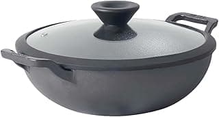 Meyer Pre Seasoned Cast Iron Kadai|Iron Kadhai with Lid for Cooking and Stir Frying | Heavy Base Iron Kadai Big Size | Gas Stove and Induction Friendly 26cm/ 3 Liters, Black