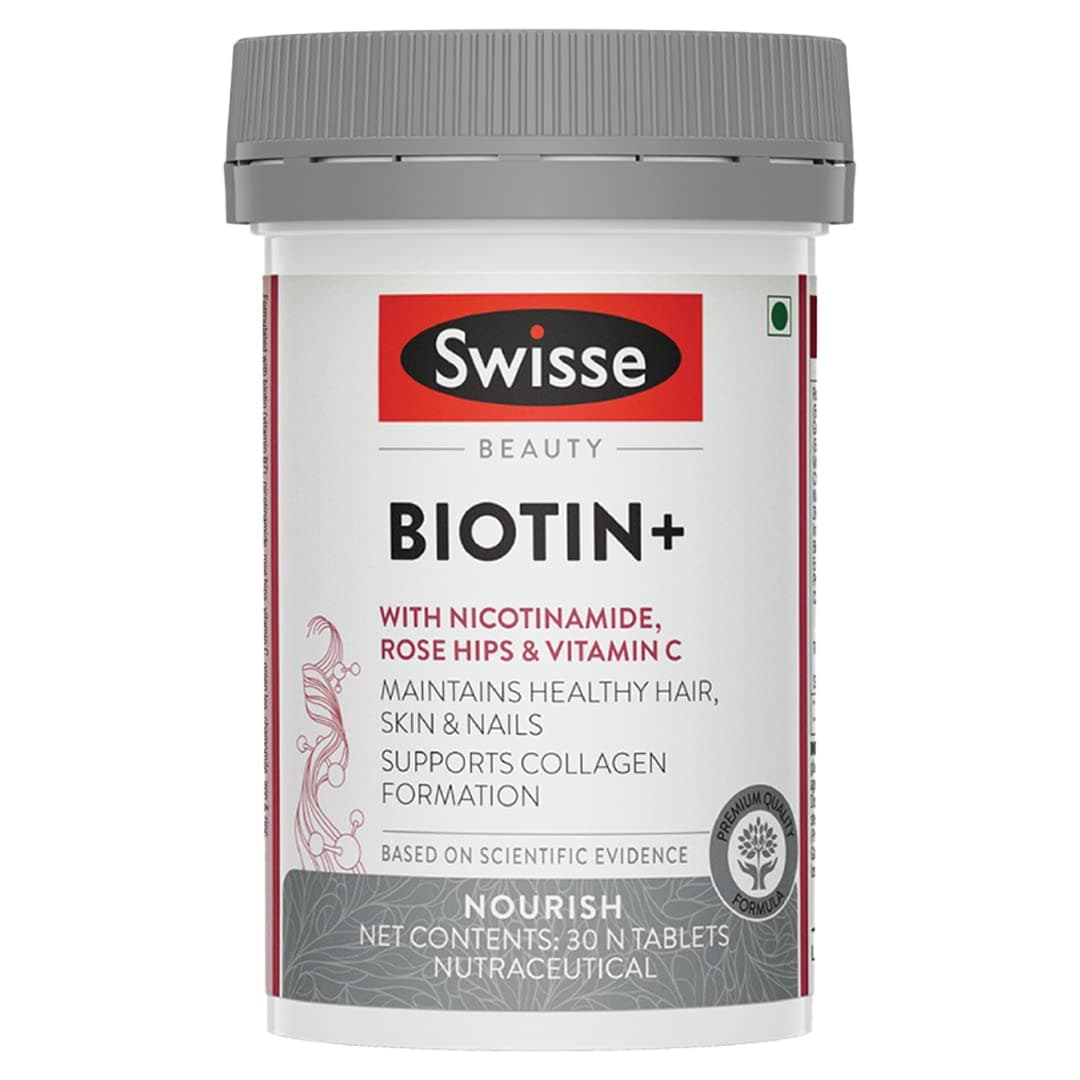 Swisse Biotin+ New Improved Formula with 100% RDA of Biotin (Manufactured In Australia) Boosts Keratin Levels, Reduce Hair Loss and Promote Regrowth with Nicotinamide, Rose Hips & Vitamin C For Healthy Hair, Skin & Nails For Both Men & Women (30 Tablets) | Nicotinamide & Rose Hips, Hair, Skin & Nails, Supports Collagen, Nutraceutical, Science-Based Formula