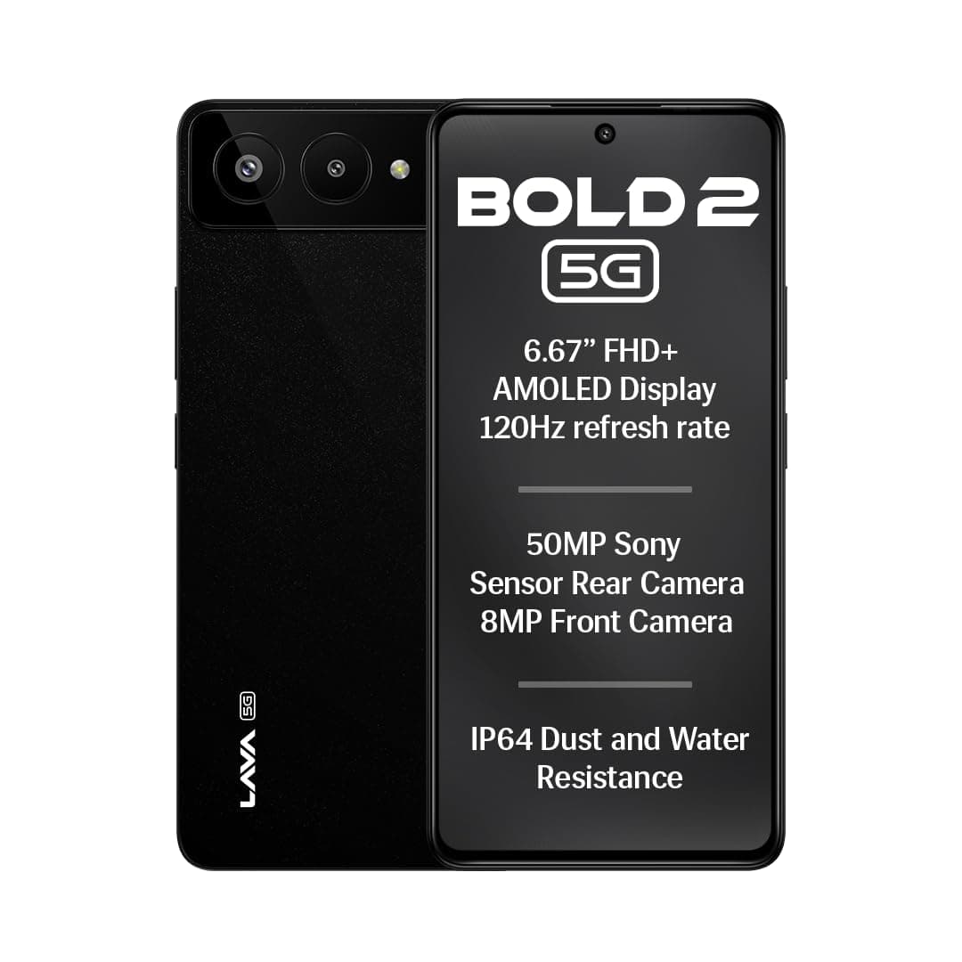 Lava Bold 2 5G (Midnight Black, 6 GB RAM, 128 GB Storage) | 6.67" FHD+ AMOLED Display | MTK D7060 Processor | 50 MP Front Camera | LPDDR5 UFS 3.1 ROM | 5000 mAh | 33W Fast Charging