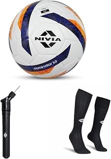Nivia Dominator Football 3.0, Double Action Ball Pump with Needle Air Pump (Black) Plain Encounter Football Stockings (Black/White, Size-L)