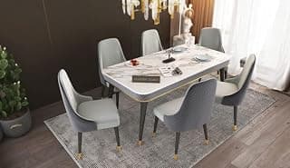 WOODEN SPACE 6-Seater Wooden Dining Table Set | Nano Composite Marble Top | Solid Wood Base | Modern Dining Room Furniture with 6 Chairs (Gray)