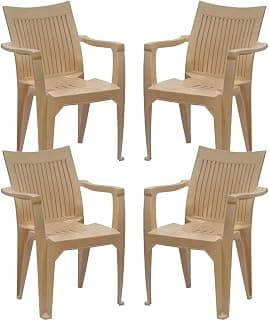 SkyGlamour Neelkamal CHR 2209 Plastic Chair for Living Room with Arm |Set of 4| 3 Year Warranty | for Home, Living Room, Outdoor |Dust Free|100% Polypropylene Stackable Chairs|Colour Marble Beige