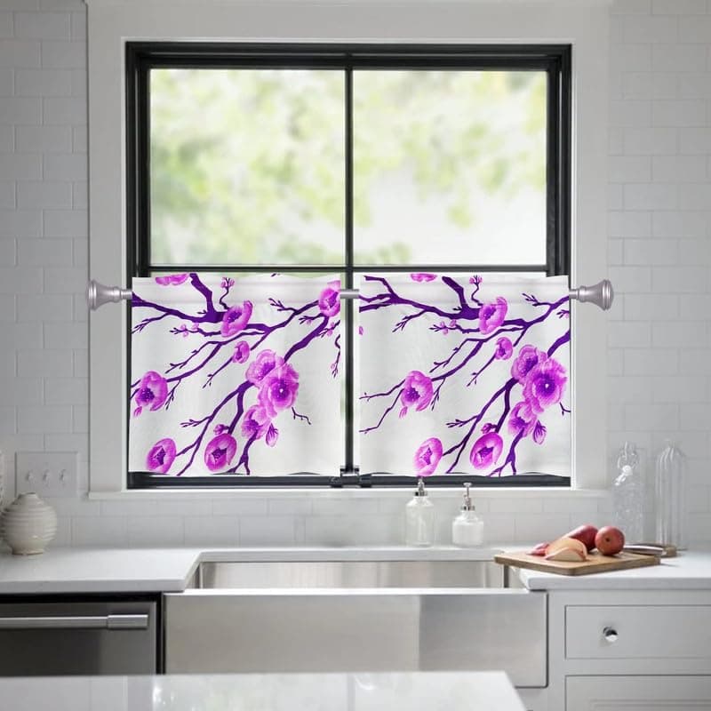 HIMS Purple Flower Washroom/Kitchen Window Curtains,Rod Pocket Short Small Window Curtains 2 feet for Kitchen (Width 26 Inch X Length 24 Inch) - Pack of 2 Piece