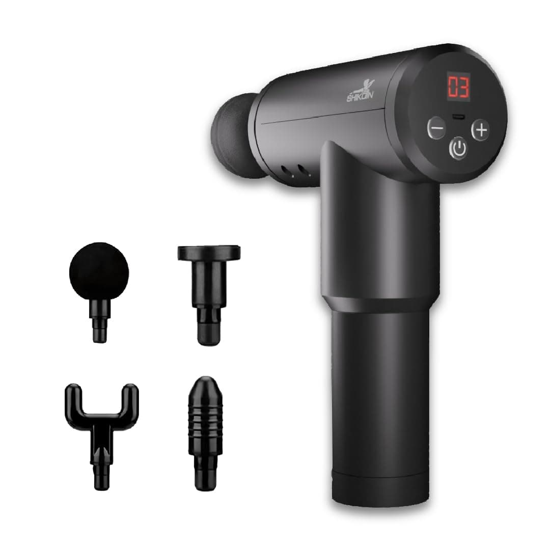 Shikon SH007 Fascial Gun Massager, 7 Level Speed, 4 Heads, Deep Tissue Massage for Full Body Pain Relief, Muscle Relaxation of Neck, Shoulder, Back and Foot, Rechargeable, Black, Made in India