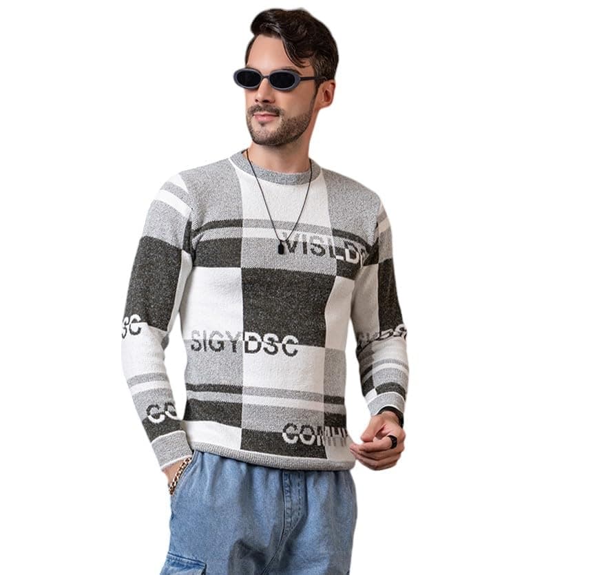 Style Dusk Mens Regular Fit Premium Round Neck Colorblocked Woolen Sweater for Winter Season