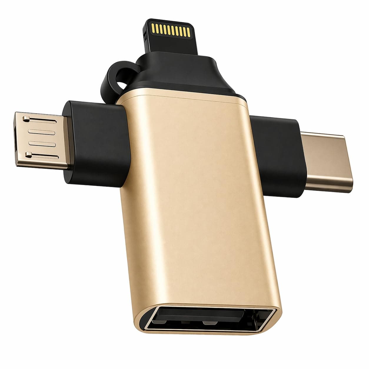 4-in-1 OTG Adapter Converter Multi-Port Hub with Lightening, Type-C, Micro USB & USB 2.0 Compatible for iOS, Android, Tablets & More – 480 Mbps Fast Data Transfer & Universal Compatibility Gold