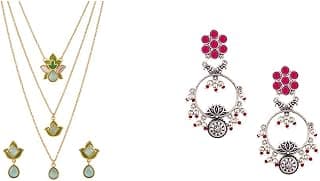 VOYLLA Forever More Green Layered Necklace set for women Oxidised Silver Floral Drop Style Hoop Earrings with Pink Stone for Women and Girls