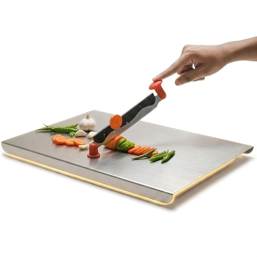 Stainless Steel Chopping Board Large with Attached Knife, 36x31 cm Steel Cutting Board for Kitchen, Heavy Duty Cutter Board for Vegetable & Fruit Cutting