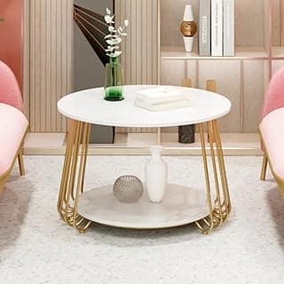 Al Hama End Table for the Living Room with a Metal-Framed Sofa Table and Modern Side Tables with Two Tiers in a Tea Marble Pattern-(Color -White Golden)