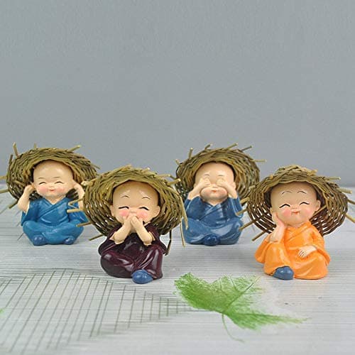 TIED RIBBONS Set of 4 Buddha Monk Statue Figurines Showpiece for Home Decoration Car Dashboard Living Room Bedroom Table Wall Decorative Gift Items (Miniature, Multi)
