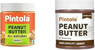 Pintola All Natural Peanut Butter Crunchy 350g | Smooth, Unsweetened, 30g Protein | Gluten & + Pintola Peanut Butter Chocolate Flavour Crunchy 350g - 18.6g Protein & 5.2g Dietary Fiber, Made