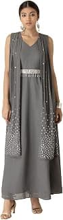Indya Women's Green Kurta Mirror Embroidered Layered Maxi