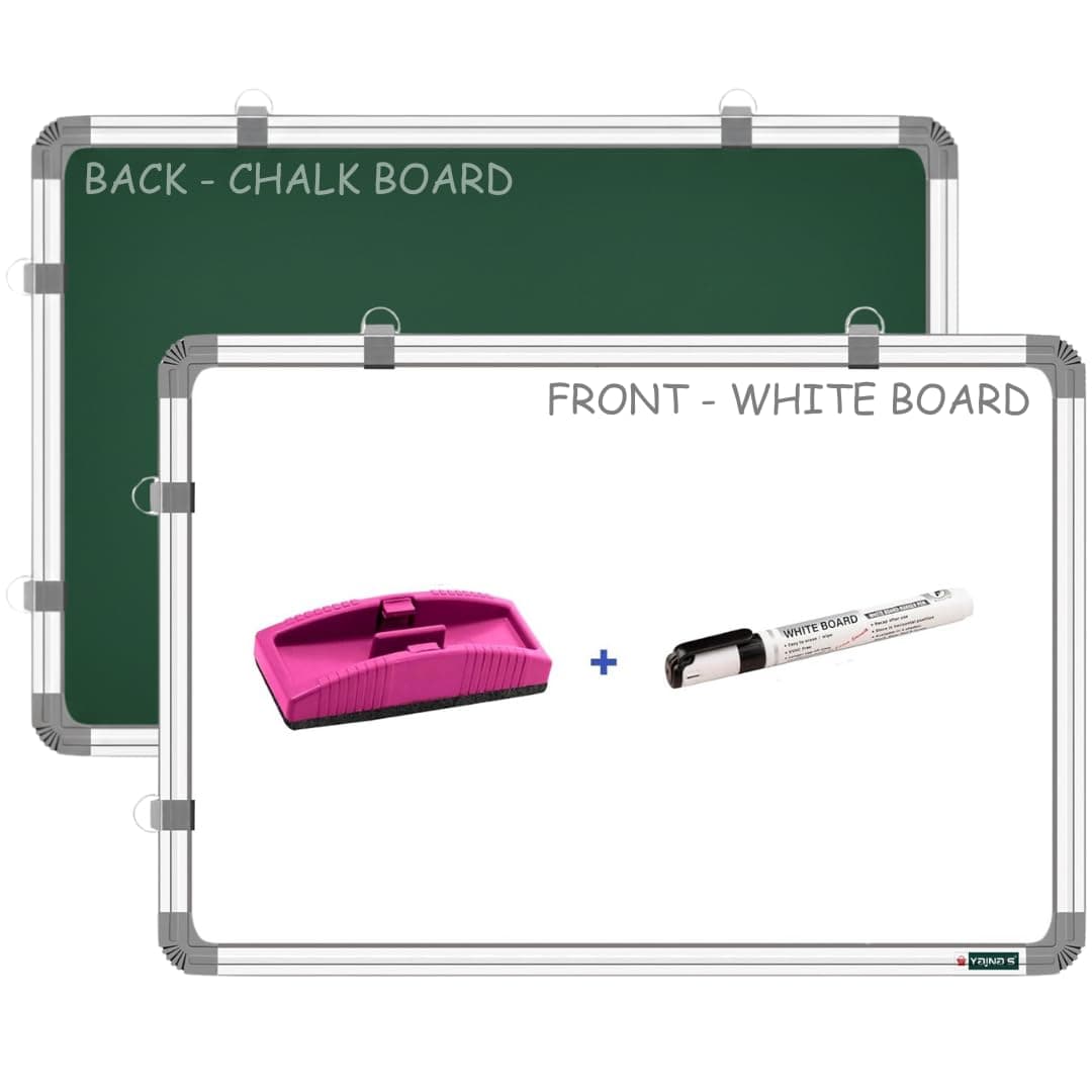 YAJNAS Non-Magnetic 2X3 Feet (59x89 CM) Double Sided Whiteboard & Chalkboard Both Side Writing Board with 1 Marker and 1 Duster - Set of 3 Items