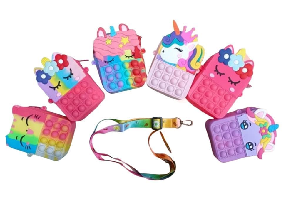 Returngifts Pack of 6 Popit Sling Bags - Birthday party for Girls | Shoulder Bag with Push Bubble Toy | Gifts for Kanjak Kanya Pujan on Navratri | Mixed Design and Colour (Multicolour)