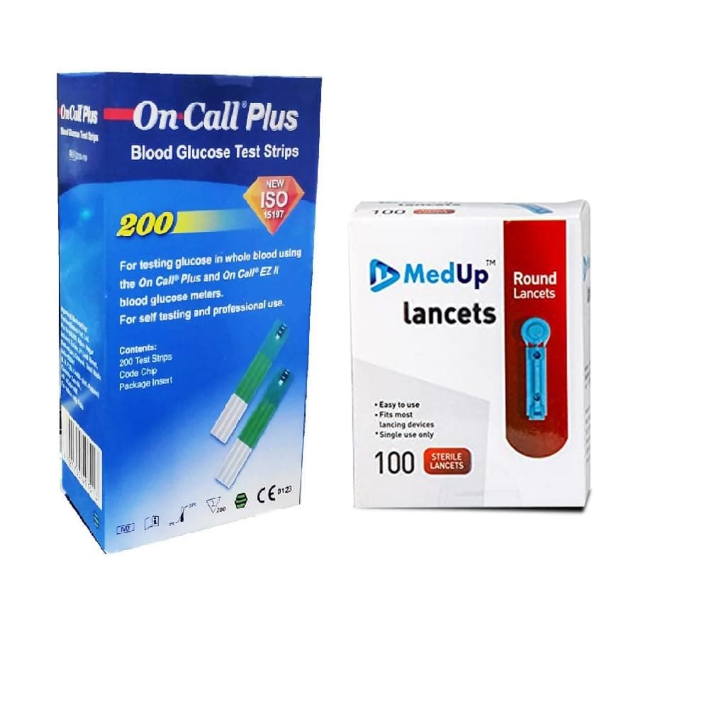 MedUp Round Lancet Needle Pack of 100 Pieces with On Call Plus Glucose Test Strips Pack Of 200