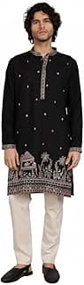 Amazon Brand - Tavasya Men Printed Kurta with Ethnic Motif Border | Special Haldi Kurta | Festive Embellished Long Kurta | Embroidery Kurta | Ethnic Wear | Mandarin Collar | Knee Length