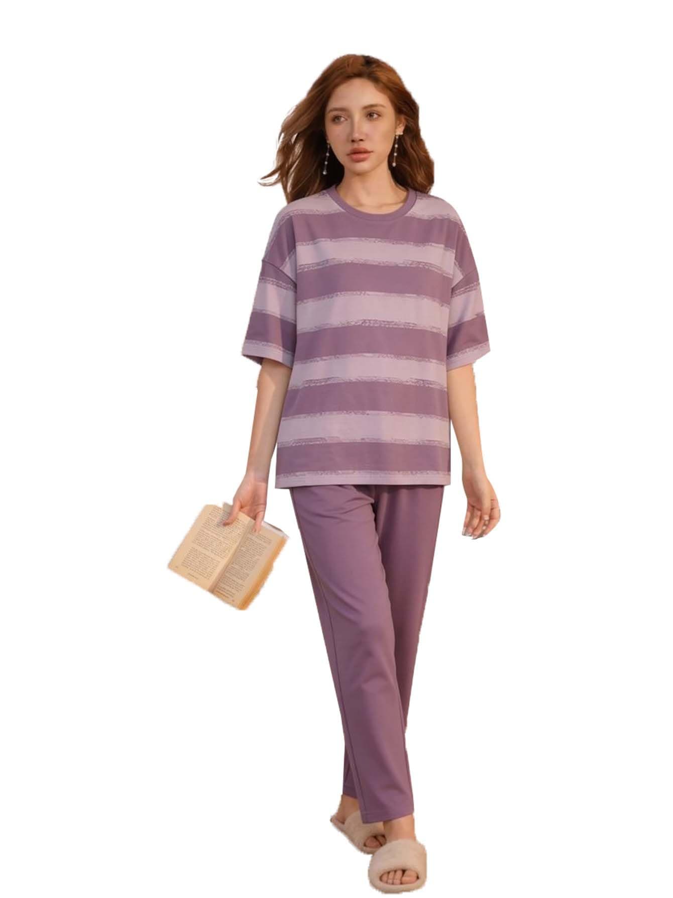 Lymio Womens Korean Night Dress | Full Pyjama Set | Korean Nightsuit | Women Nightwear |Round Neck Full Sleeve Nightsuit | Loungewear | Everyday Nightdress (W-ND-3)