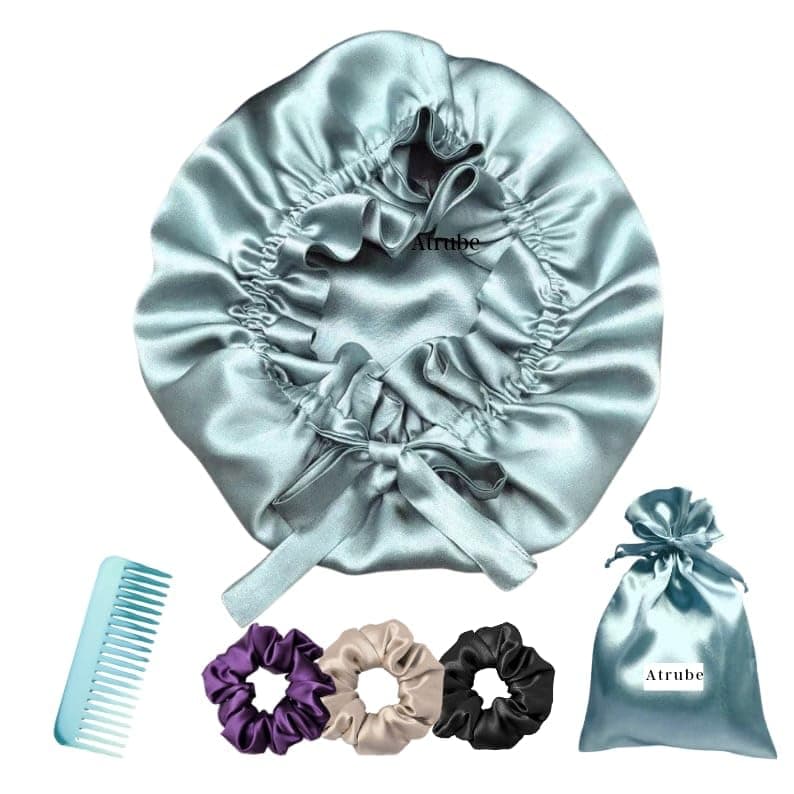 Atrube Reversible Satin Silk Bonnet for Women with Adjustable Tie | Sleep Cap for Curly Hair | Hair Wrap & Night Hair Cover with 3 Premium Scrunchies (Blue)