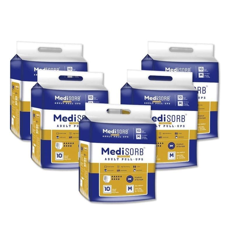 MediSORB Adult Diaper M Size Pants | Medium (M)|Waist 71-110 cm (28-44 inches) |High Absorbency -12 Hrs |Rash-Free Adult Diapers|Leakproof|Elastic Waist |Unisex- Men & Women | 50 Units, Pack of 5