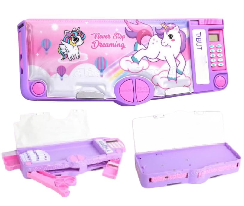 Kiddie Galaxia® Unicorn Magnetic Multifunctional Pencil Box with Calculator Cute Cartoon Stationary Compass for Girls Geometry Kids Include Calculator-Scissor-Ruler-Eraser-Sharpener Gift School