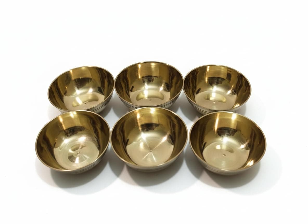Momz CLOSET Solid Brass Puja Katori Bowl Set, Traditional Round Diya Wati for Home Pooja Temple, Small Bowls for Bhog Pack of (6)