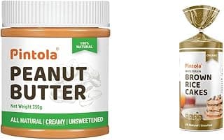 Pintola All Natural Peanut Butter (Creamy) (350g (Pack of 1)) & Pintola Organic Wholegrain Brown Rice Cakes (All Natural, Unsalted), 125 g
