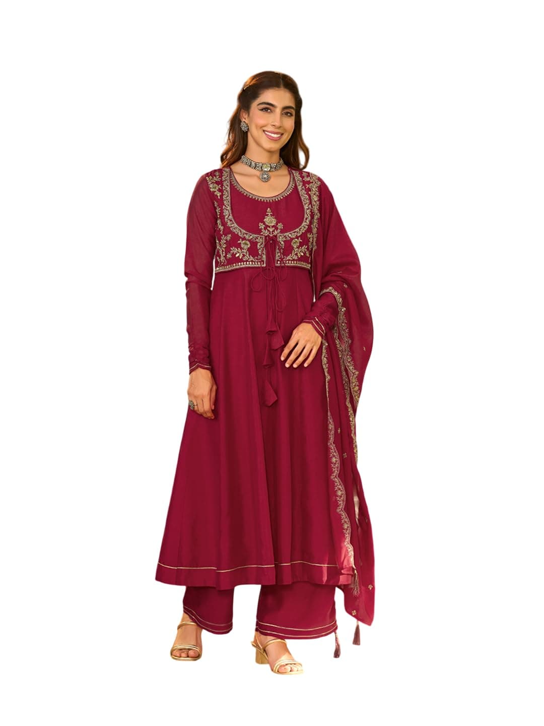 MOKOSH Women's Silk Embroidered Anarkali Kurta Set | Round Neck Full Sleeves | 3 Piece Outfit | Ethnic wear| Kurta Palazzo Dupatta