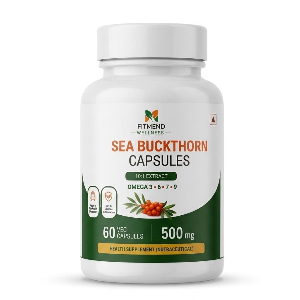 Fitmend Wellness Sea Buckthorn Extract 500mg, Omega 3-6-7-9, 60 Softgels | Packed with rare Omega-7 fatty acids to support natural skin elasticity and moisture.