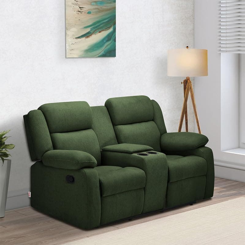 Duroflex Avalon Twin - 2 Seater Premium Fabric Manual Recliner Sofa | 3 Recline Positions | Dual Cup Holders | Plush Cushioning & Back Support | Durable Wood Frame | 3 Years Warranty - Sap Green