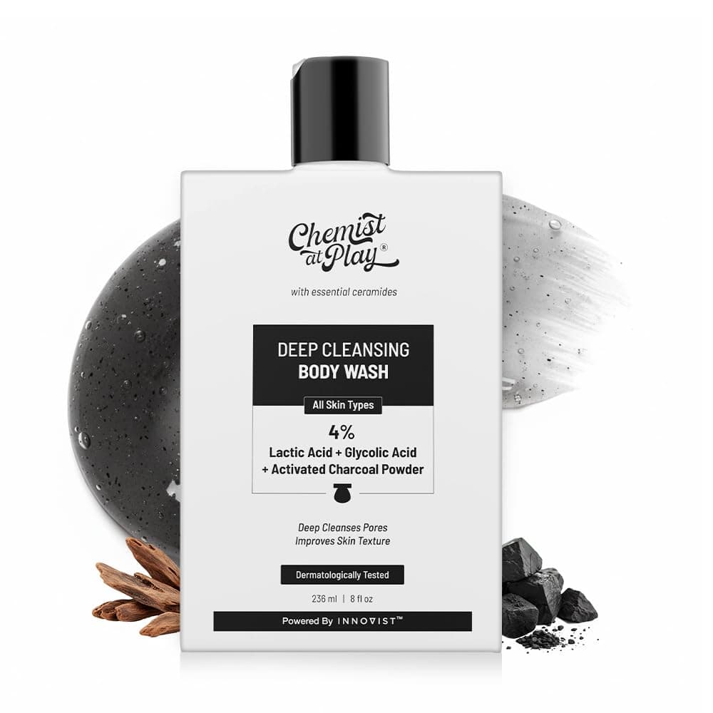 Chemist At Play Deep Cleansing Glycolic Acid Body Wash | 4% Lactic Acid & Activated Charcoal Remove Dirt, & Control Excess Oil | Anti-Pollution with Detox | Oudh Fragrance | For Men & Women | 236ml