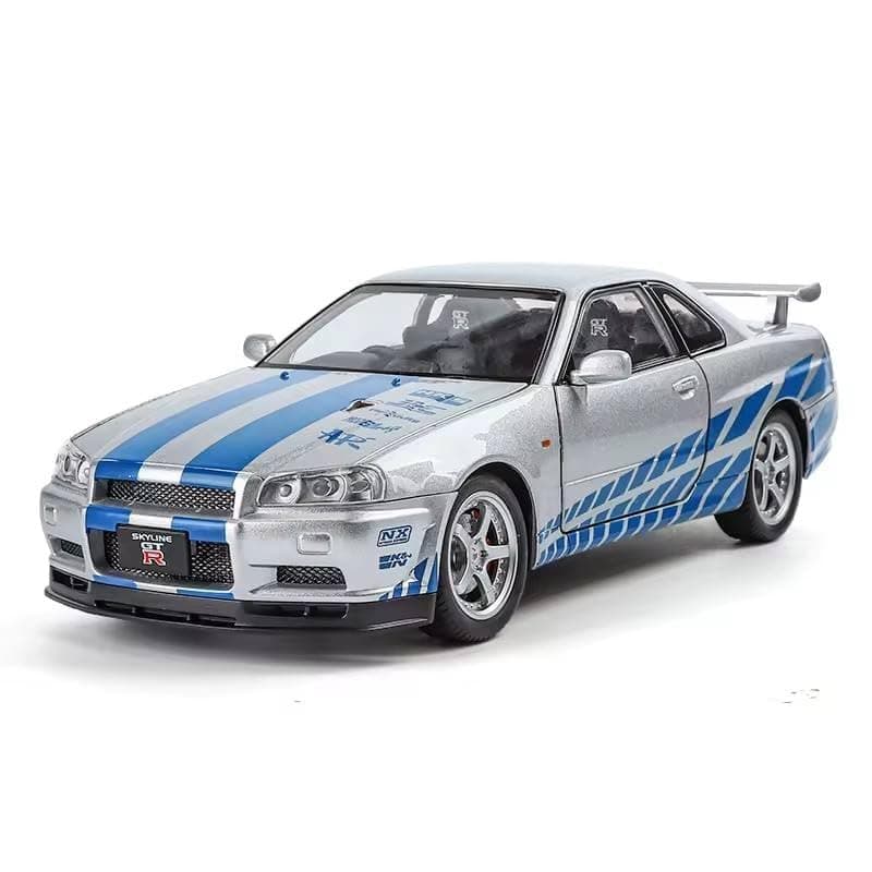 Alokik Enterprise 1:32 Silver Nissan GTR Skyline R34 Diecast Car Models Toys Metal Alloy Openable Door and Sound & Light, Pull Back Toys Gifts for Boys Best Gift Car【 Silver 】