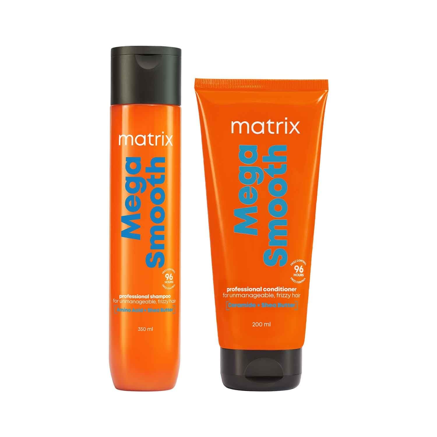 MATRIX Mega Smooth Shampoo(350ml) and Conditioner (200ml) Combo with Shea Butter | Max Smoothness for 4 Days | Used by 1 Lakh Hairstylists* | For All Hair Types | Paraben Free
