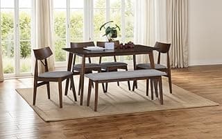 Royaloak Kelana Malaysia Wooden Dining Table 6 Seater Set | Solid Wood Veneer Top with Sturdy Wood Legs | Fabric Cushioned Seats | Elegant Dining Ensemble from Malaysian Collection | Dining Table