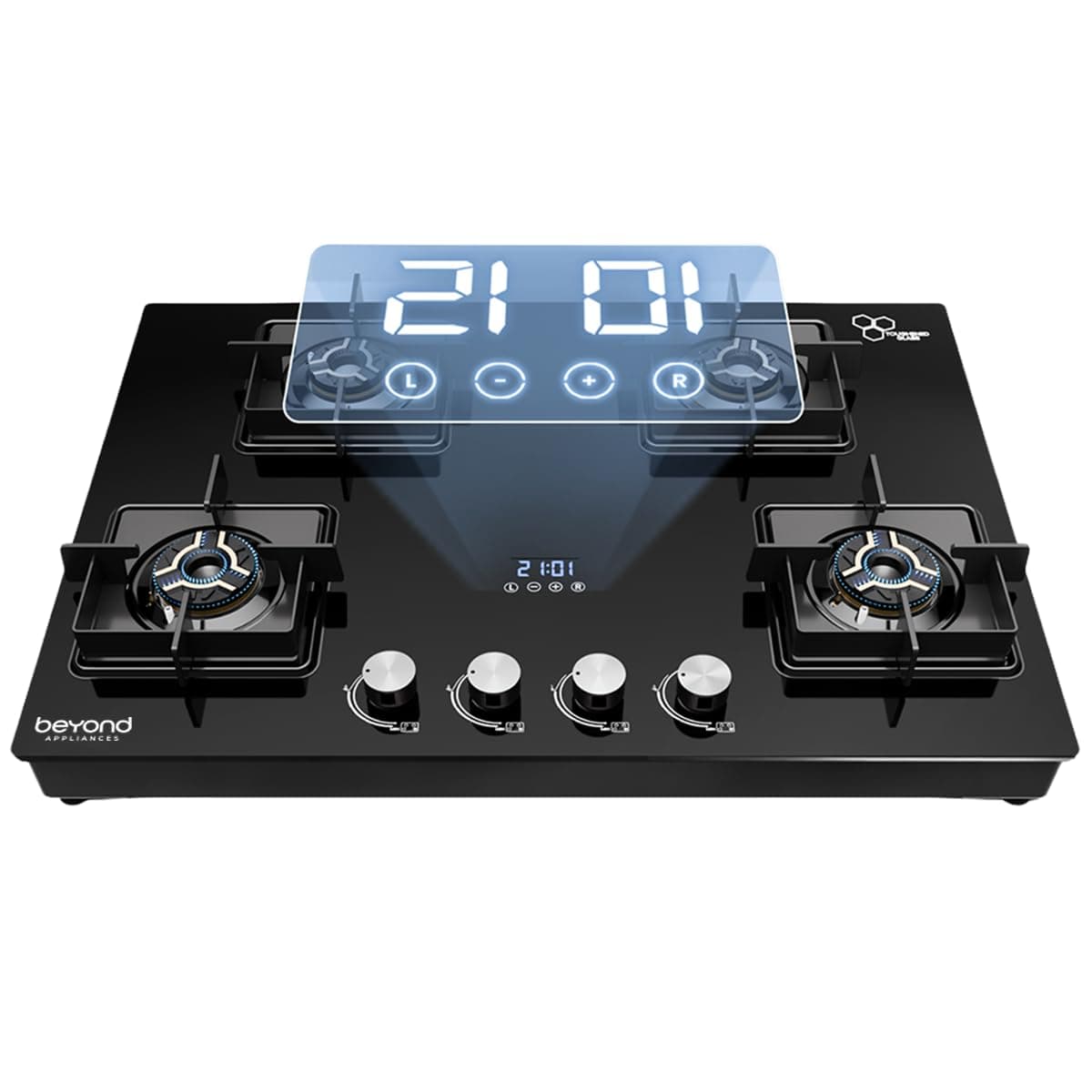 Beyond Appliances Solaria 4 Full Brass Burner Smart Gas Stove Auto Ignition | Digital Timer | Flame Failure Device | Toughened Glass | ISI Certified | LPG & PNG Compatible Cooktop | PAN India Service