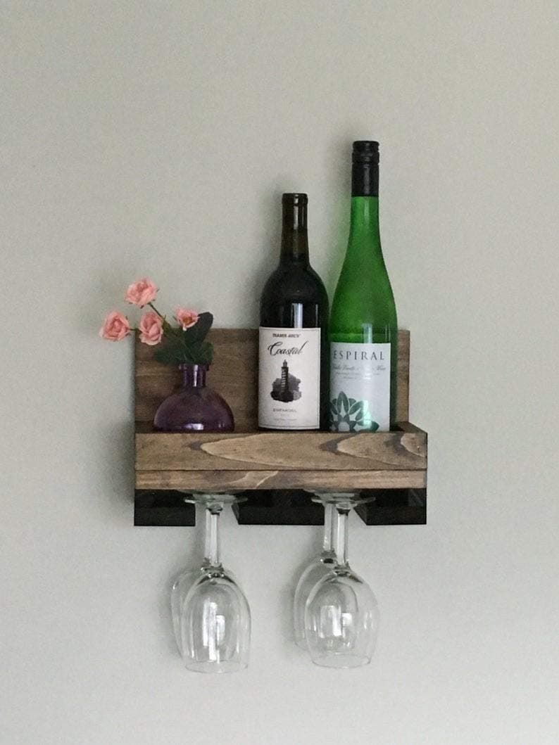 ODEJIA Wood Wine Rack Shelf & Stemware Glass Holder Organizer Unique Bar Shelving Rustic Wedding Gift Wine Rack Wall Mounted 3 Bottles and 4 Wine Glass Rack Hold