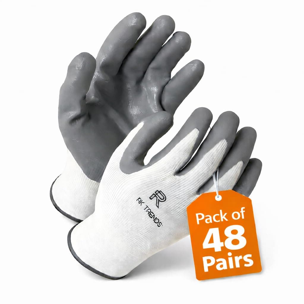 RK TRENDS Pack of 48 Pairs, Grey-White Nitrile Coated Safety Hand Gloves for Industrial, Gardening & Mechanical Work | Anti-Slip, Oil Resistant, Breathable | Reusable Work Gloves for Men & Women