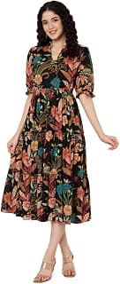 PIDAVLIYA'S Women's Cotton Floral Printed Midi Dress | V-Neck Fit & Flare Dress with Puff Sleeves | Casual Summer Wear