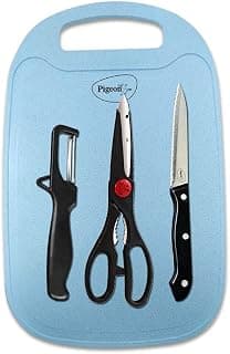 Pigeon Shears 4 Piece Kitchen Knife Set with Chopping Board, Stainless Steel Kitchen Knife, Scissor and Vegitable Pealer, Black, Medium (14184)
