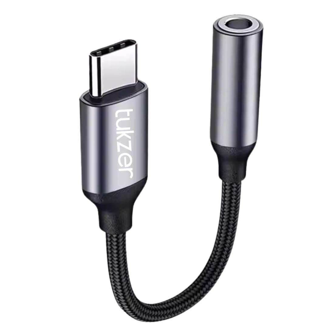 Tukzer Type C to 3.5mm Audio Jack Cable, DAC Headphone/Earphone Converter Adapter| Hi-Fi Stereo Auxiliary Cable for Smartphones, Tablets Other Type C Devices| Nylon Braided Material (12CM/ Grey)
