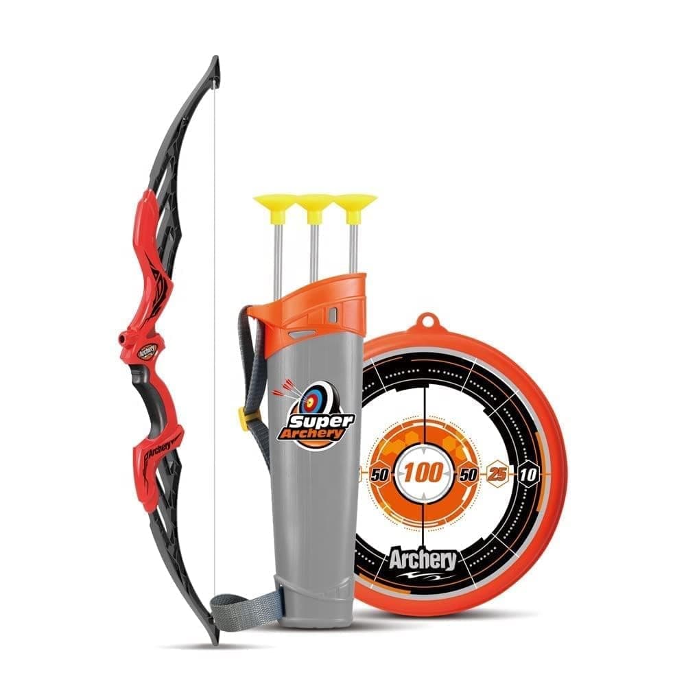 Tec Tavakkal Bow & Arrow Toy Archery Set with Target & Quiver, Outdoor Shooting Game for Kids, 3 Suction Cup Arrows, Safe Soft Tip Practice Set for Fun & Skill Building (Red)