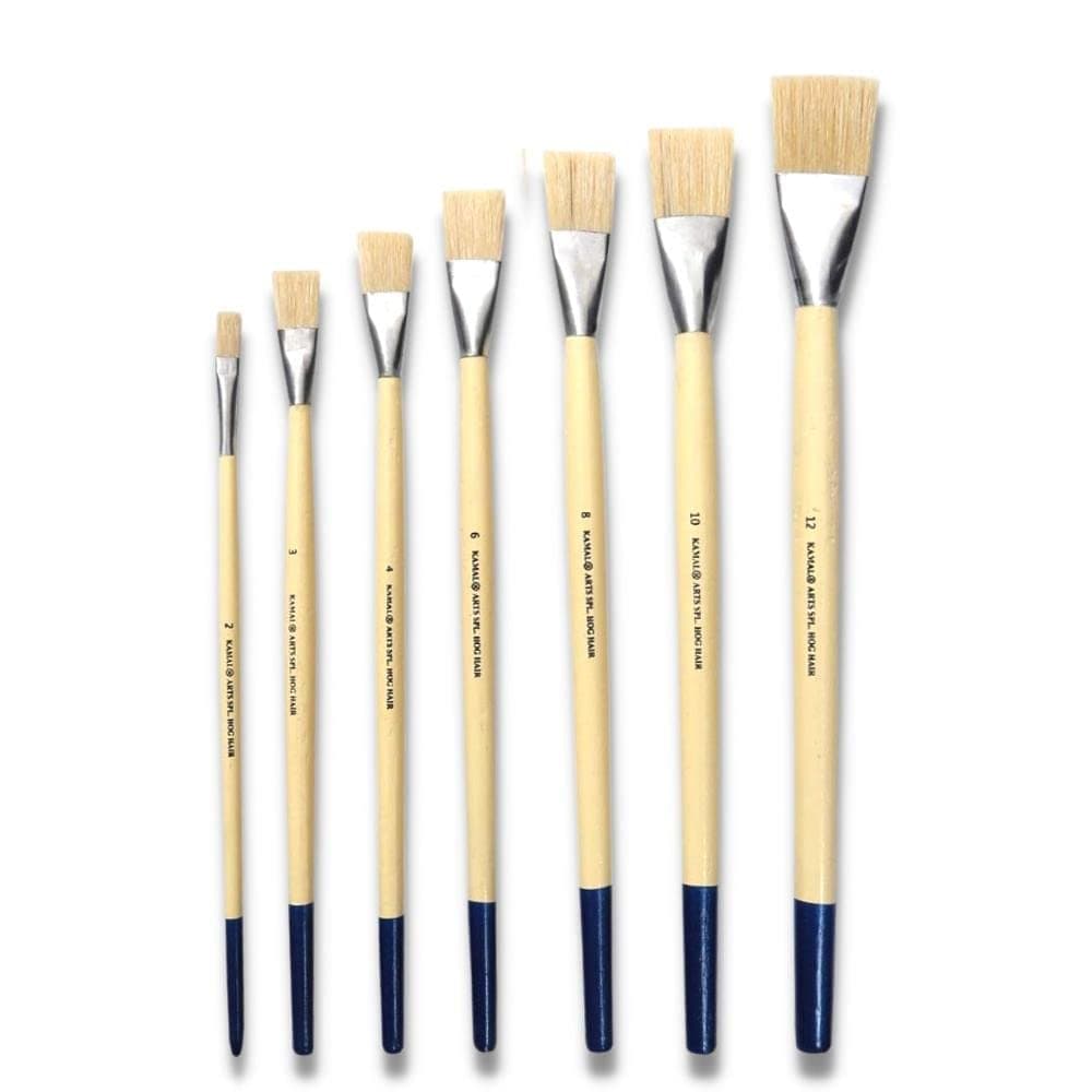 Kamal Flat Non Synthetic Paintbrush Set 7 pcs, Professional Long Handle Brushes for Oil, Watercolour, Acrylic, Natural Hair Brush, Wooden Handle, Synthetic Bristle, Ideal for Mixed Media Painting