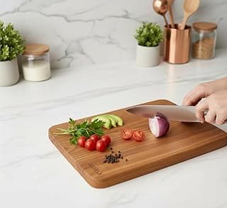 JAGIRA Divine Touch Bamboo Wooden Chopping Board with Wood Handle, Multipurpose Cutting Board for Vegetables, Fruits & Cheese, Kitchen Use, BPA Free