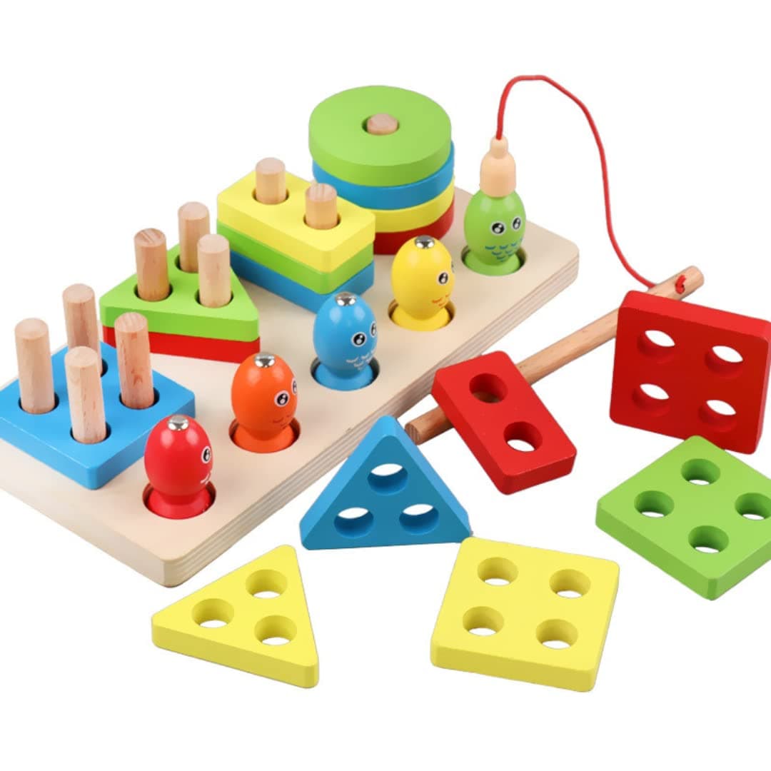 Kidology Montessori Wooden Stacking & Shape Sorter Toy for 2-5 Year Old | Builds Colour, Shape & Sensory Skills in Toddlers | Wooden Blocks for Kids with Fishing Game | Ideal Gift for Boys Girls