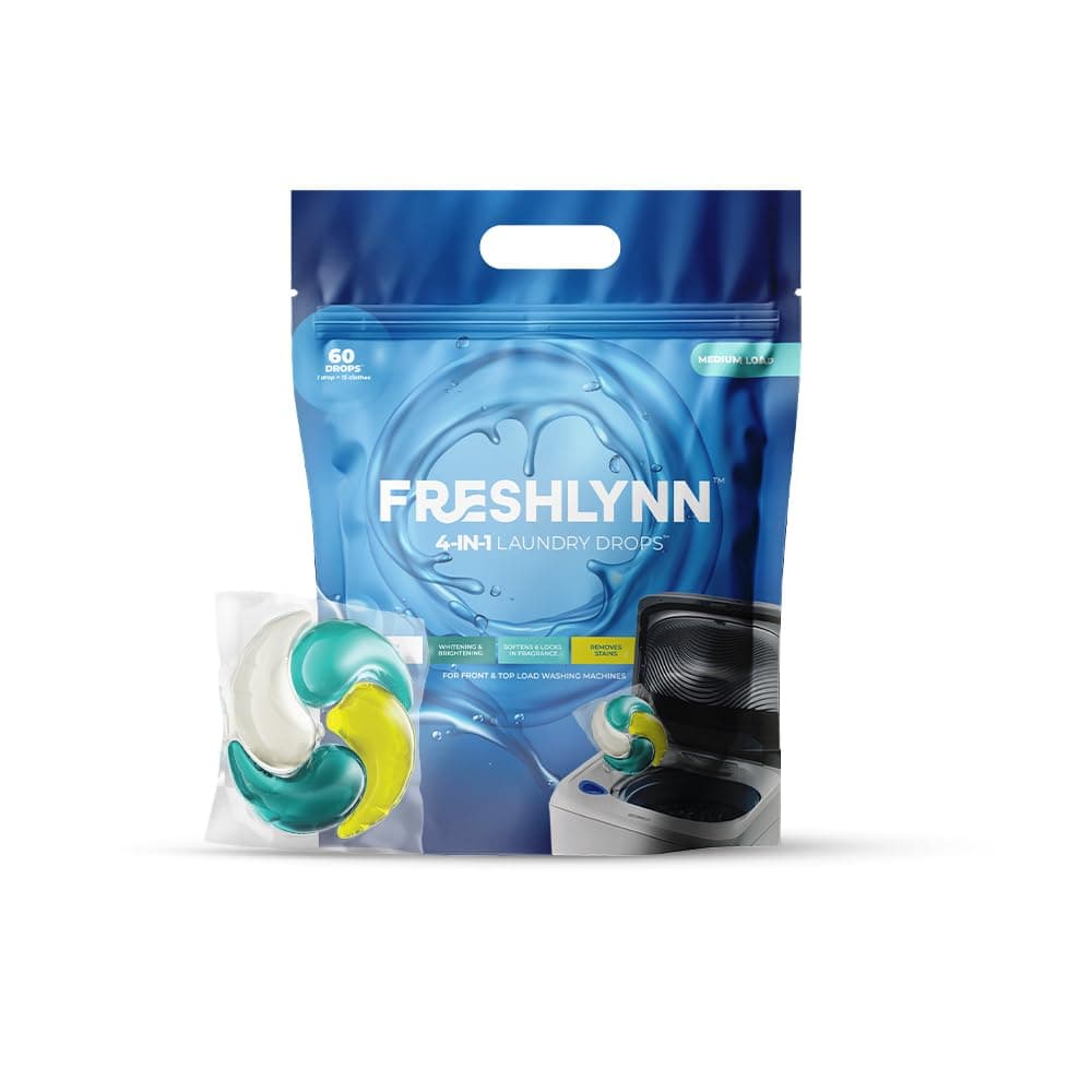 Freshlynn 4-in-1 Dissolvable Magic Laundry Capsules - 60 Pcs | Bioenzyme Tough Stain Removal | 1 Drop = 15 Clothes | For Front & Top Load Machines | Softens, Brightens & Freshens | No Mess, No Measure