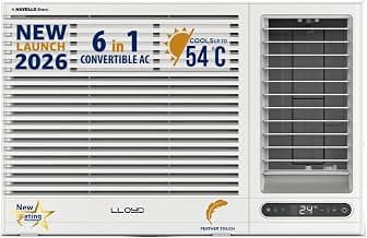 Lloyd 1.5 Ton 3 Star Side Throw Inverter Window AC (6 in 1 Convertible, Cools Up To 54°C, Turbo Cool, Feather Touch Control, Remote Control Operation, LED Display, 100% Copper, White, GLW18I3AGSPR)