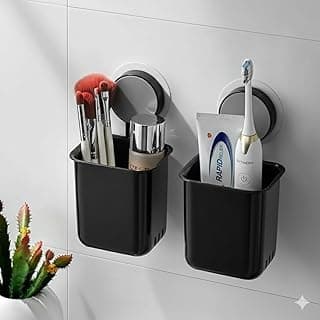 Wall-Mounted Tooth Brush Holder Bathroom - Self-Adhesive Bathroom Organiser Without Drill for Toothbrushes, Toothpaste and Makeup Brushes - Plastic Brush Holder for Bathroom (2, Black)