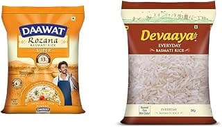 DAAWAT Rozana Super Basmati Rice 5Kg| For Everyday Consumption| Cooked Grain Upto 13mm*| Naturally A + Devaaya Everyday basmati Rice, 5Kg